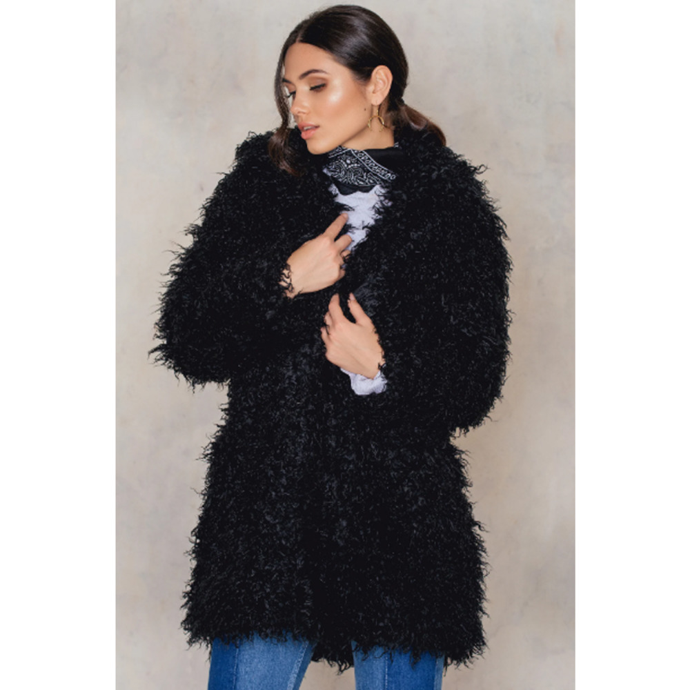 NA-KD Black Faux Fur Coat with Pockets 36 S 6